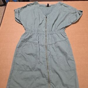 Universal Thread Women's Zip Up Short Sleeve Dress Green Cotton Size S
